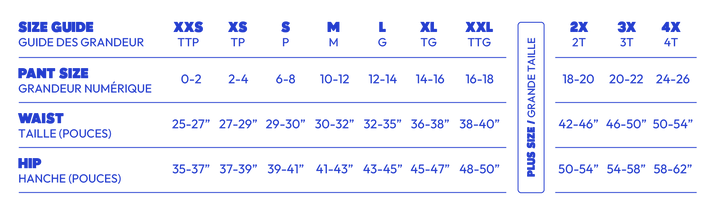 Size guide chart for pants with measurements in centimeters and inches.