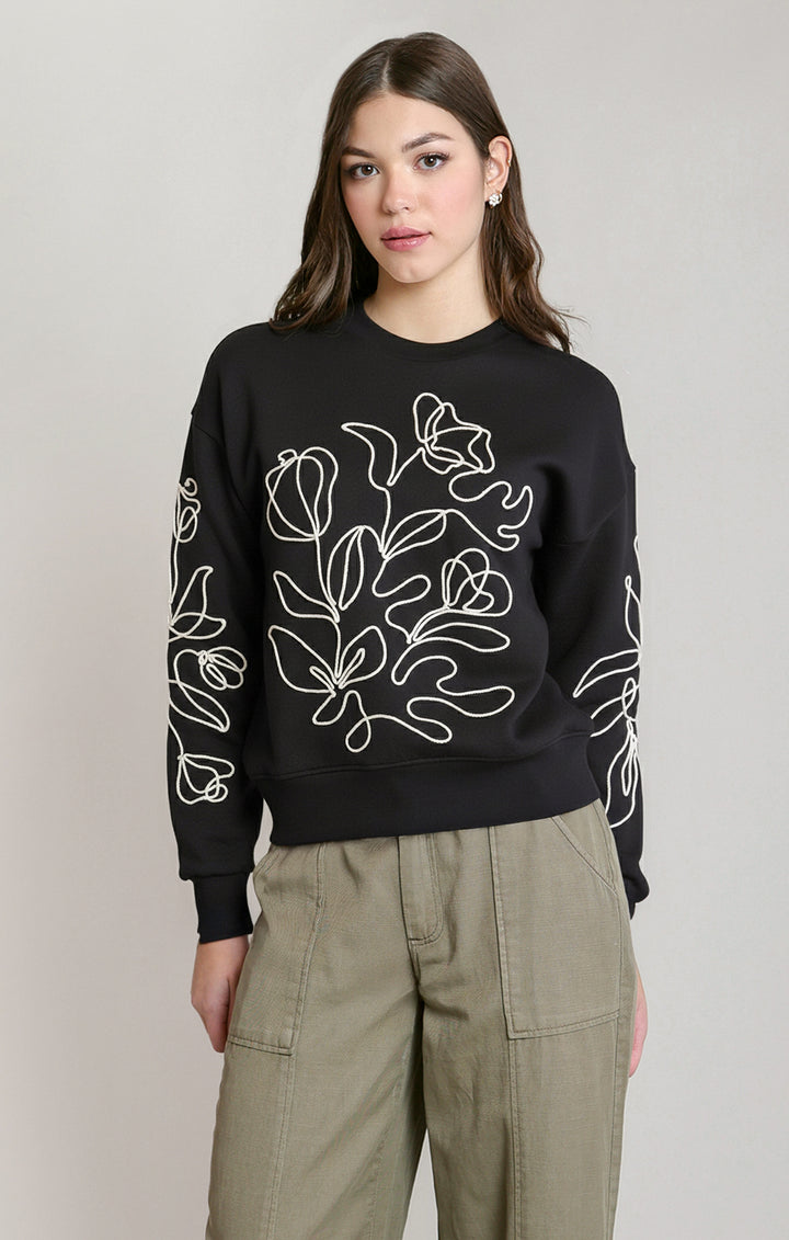 Person wearing a black sweater with white floral patterns on a plain background
