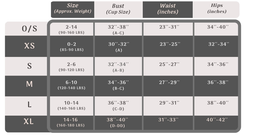 Size chart for clothing with measurements in inches and approximate weight.