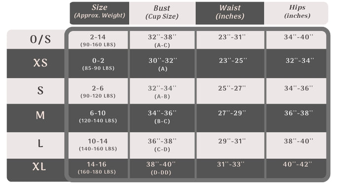 Size chart for clothing with measurements in inches and approximate weight.
