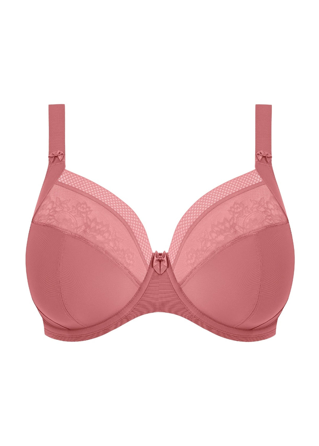 Pink bra with lace details on a white background