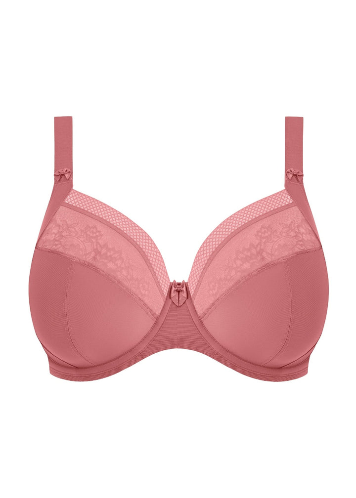Pink bra with lace details on a white background