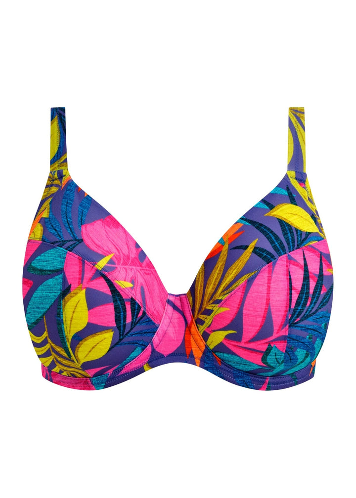 Colorful tropical leaf-patterned bikini top on a white background