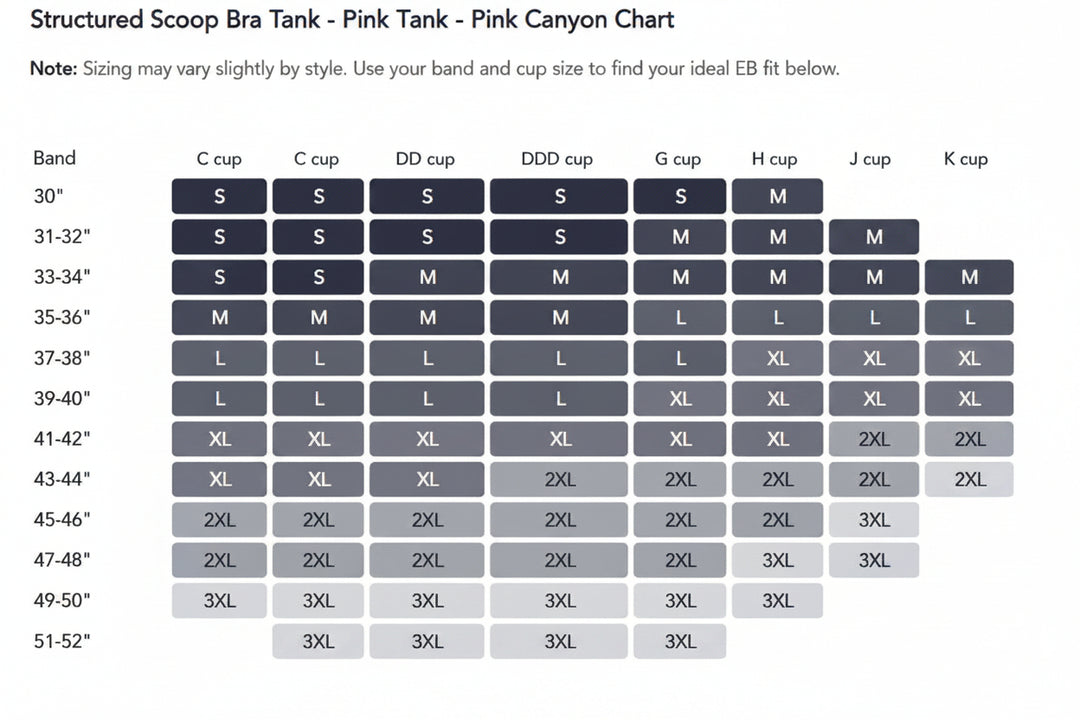 A size chart titled 'Structured Scoop Bra Tank Chart' showing a band-and-size table for cup sizes C through K across multiple bra cup sizes, with a note about slight style variation in sizing.