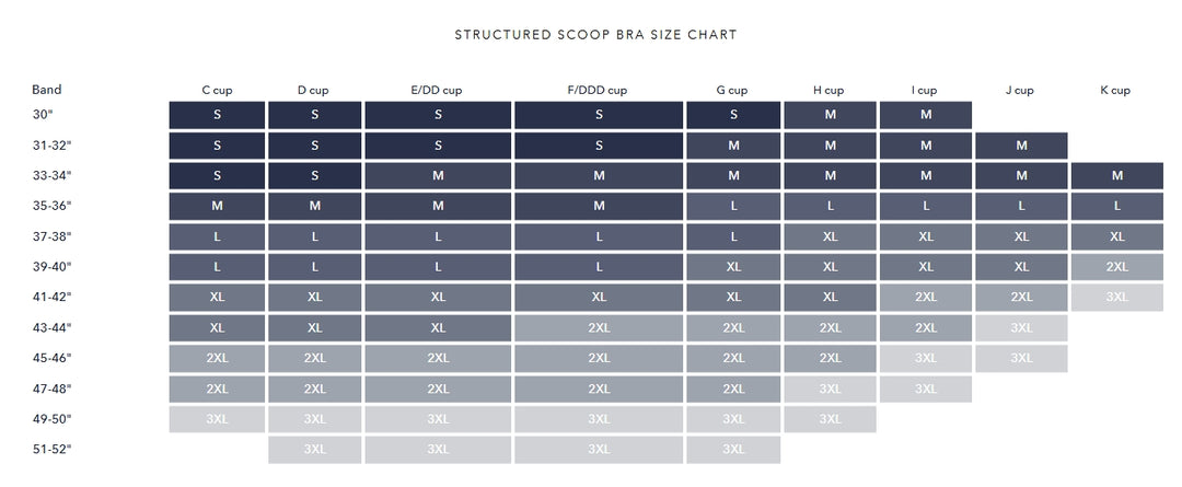 Size chart for a structured scoop bra with band, cup, and size information.