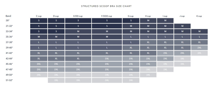 Size chart for a structured scoop bra with band, cup, and size information.