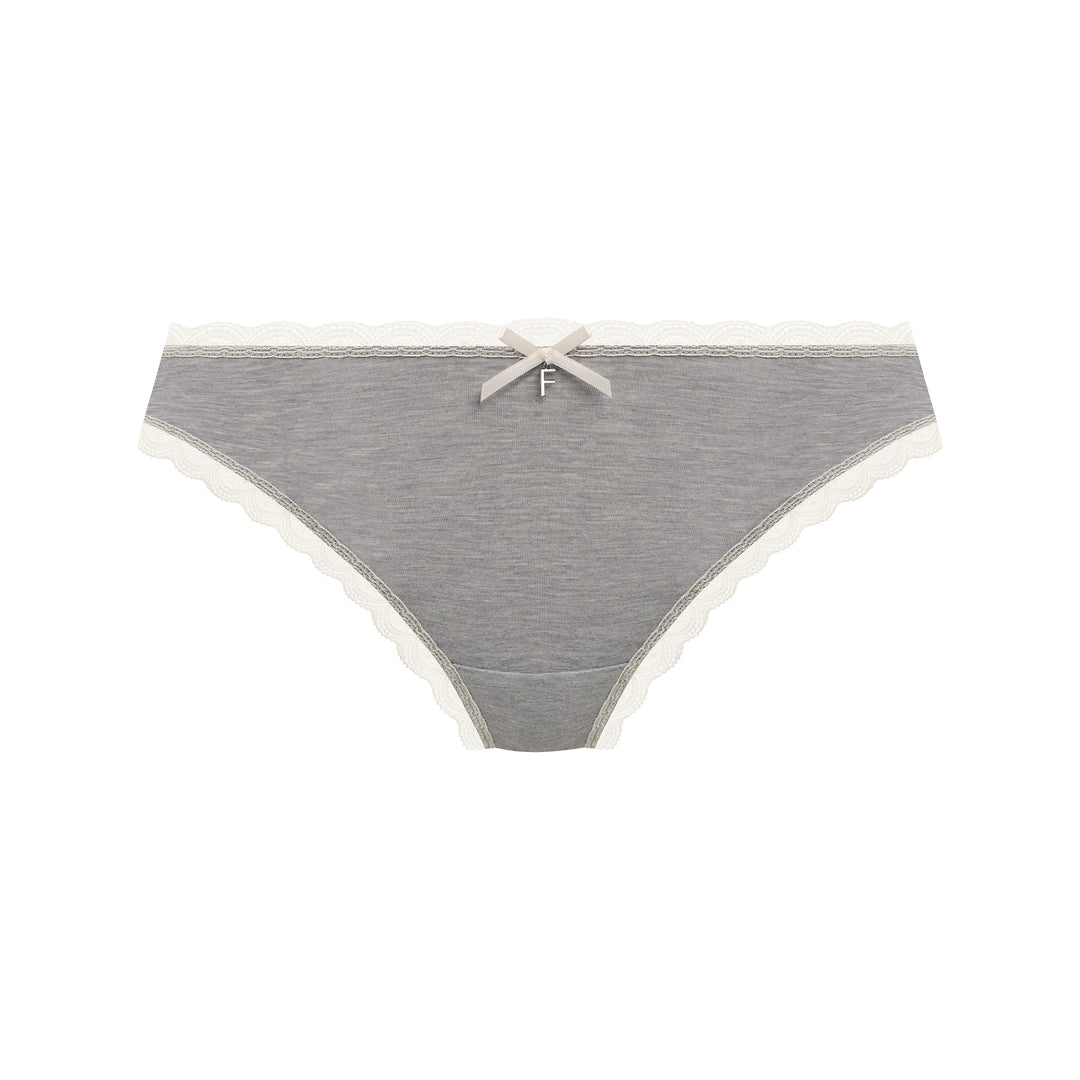 A pair of women's grey heathered briefs with a white scalloped lace trim and a small white bow at the center front, displayed on a solid white background.