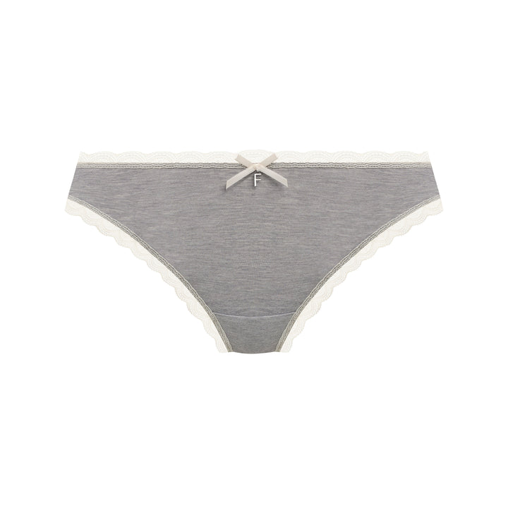 A pair of women's grey heathered briefs with a white scalloped lace trim and a small white bow at the center front, displayed on a solid white background.