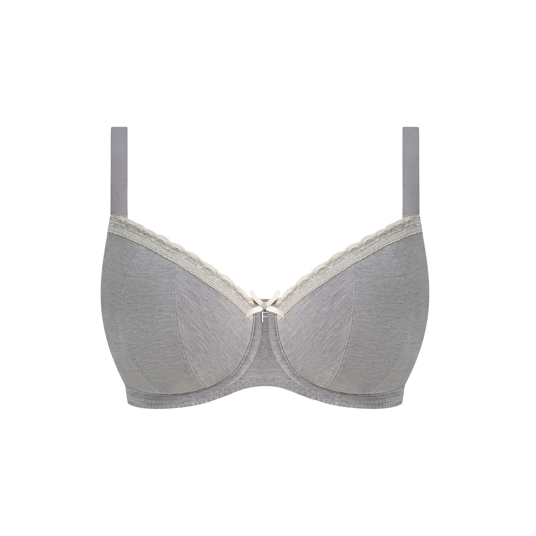 A light gray wireless underwire bra with a delicate lace trim and a small bow at the center front, displayed against a solid white background.