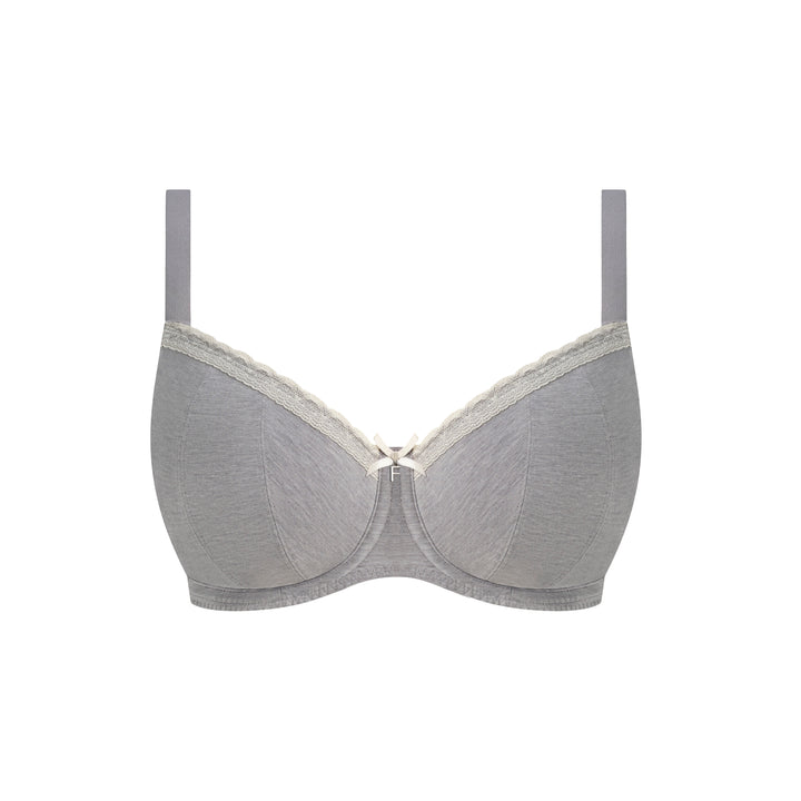 A light gray wireless underwire bra with a delicate lace trim and a small bow at the center front, displayed against a solid white background.