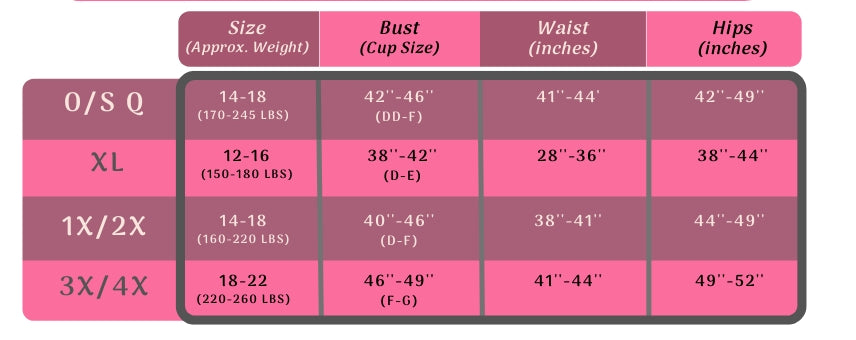 Size chart for clothing with measurements in inches and cup sizes.