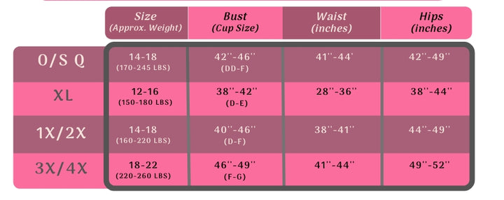 Size chart for clothing with measurements in inches and cup sizes.