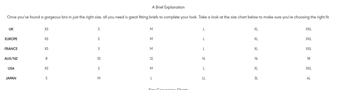 Size chart for clothing with size labels for various regions.