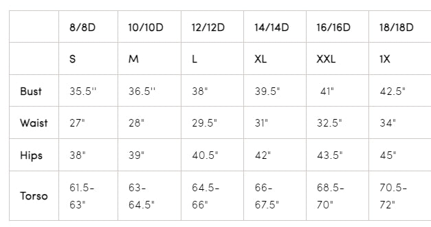 Measurement chart for clothing sizes from 8/8D to 18/18D with corresponding measurements in inches and centimeters.