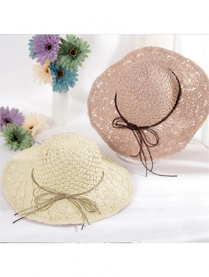 Foldable Summer Straw Hat W/ String Bow (Adjustable)