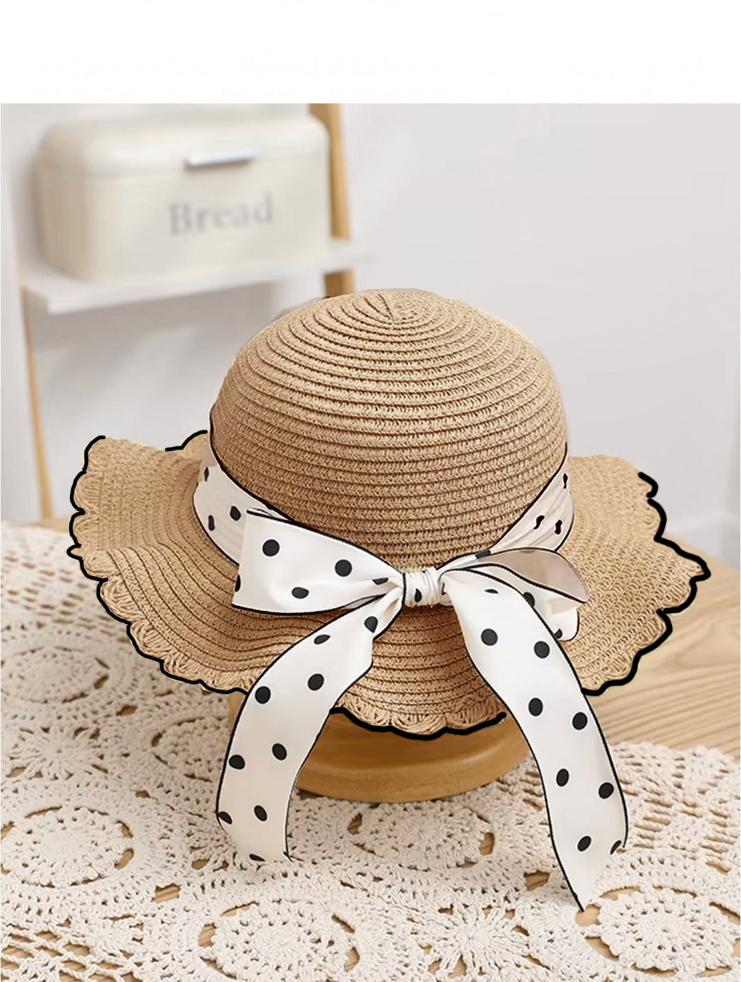 Kid's Crochet Mini Sunhat W/ Polka Dot Ribbon