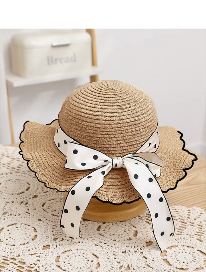 Kid's Crochet Mini Sunhat W/ Polka Dot Ribbon