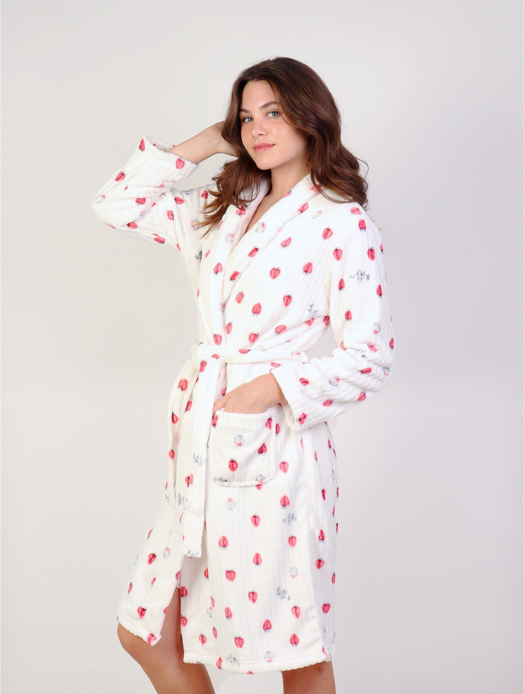 Strawberry Print Fleece House Robe W/ Pockets