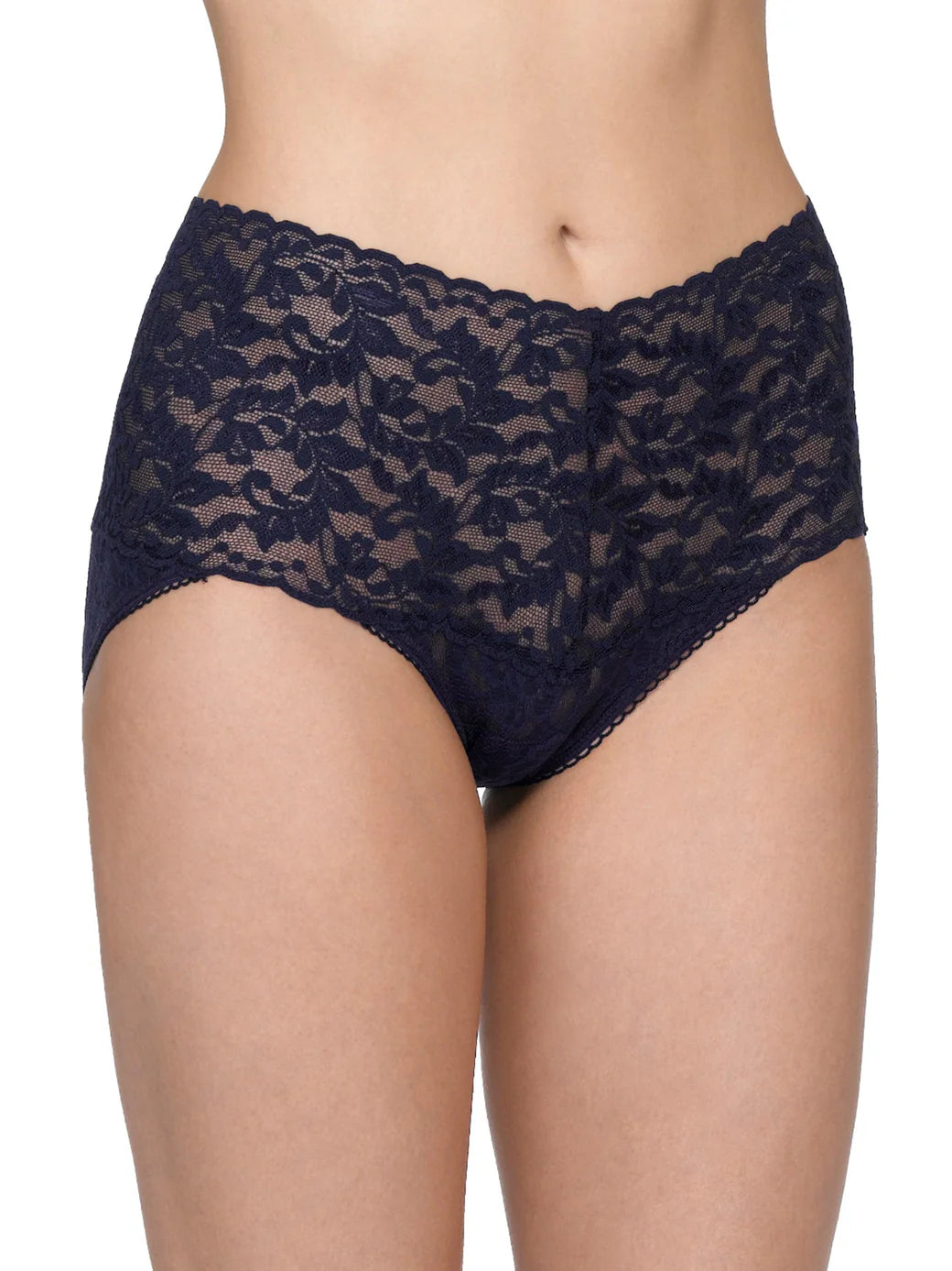 Navy lace underwear on a white background