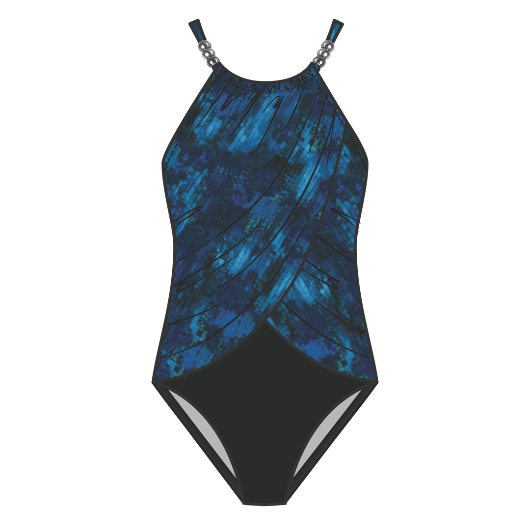 A one-piece swimsuit with a blue and black abstract patterned top and a solid black bottom, featuring thin shoulder straps with silver chain details, shown on a plain white background.