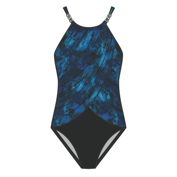 A one-piece swimsuit with a blue and black abstract patterned top and a solid black bottom, featuring thin shoulder straps with silver chain details, shown on a plain white background.