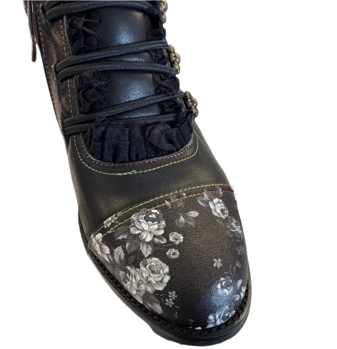 Hand Painted Round Toe Leather Bootie