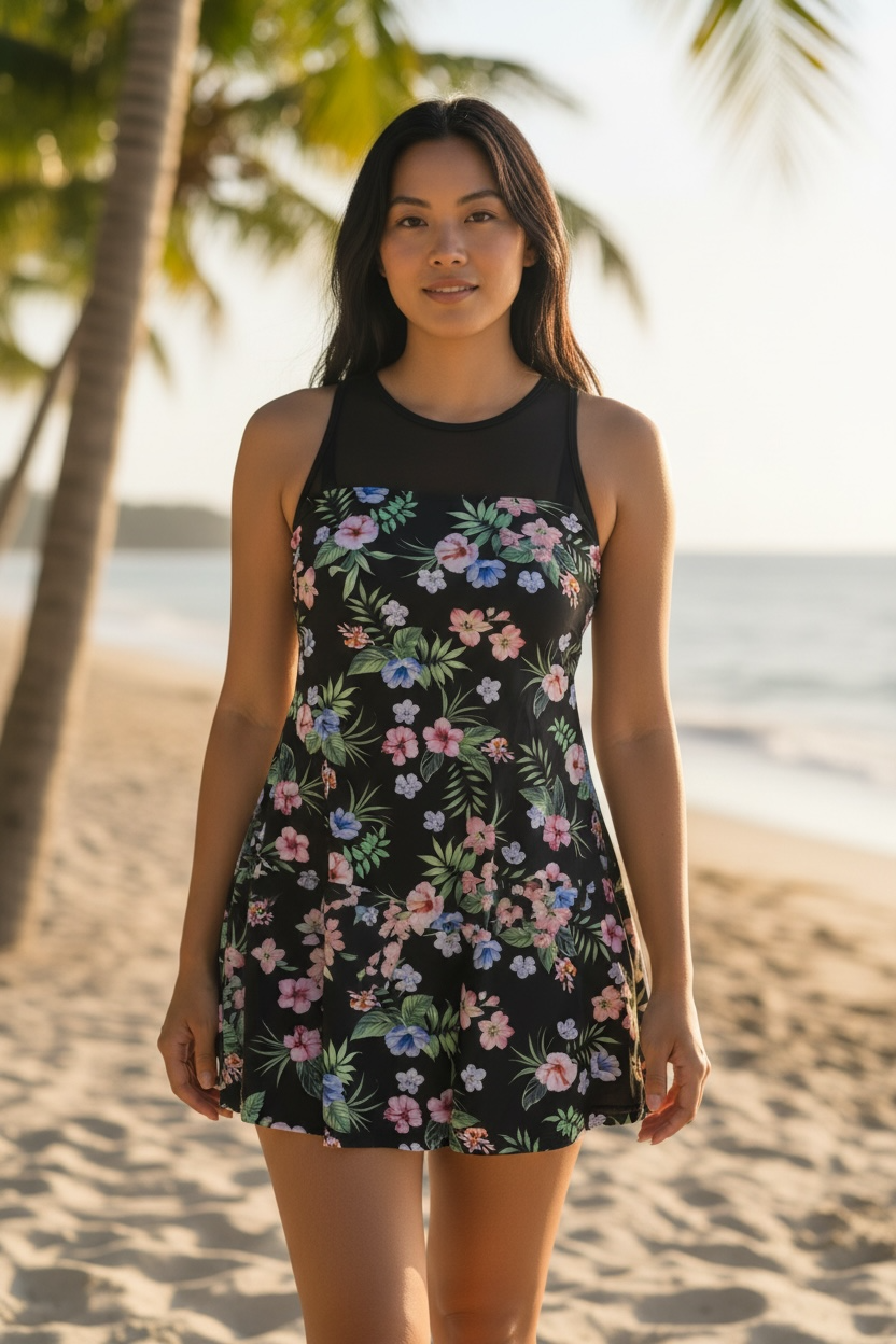Black Sand Tropical Flowers Swim Dress