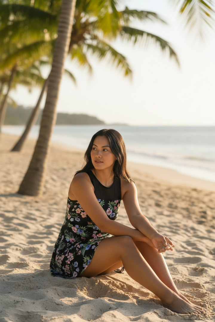 Black Sand Tropical Flowers Swim Dress