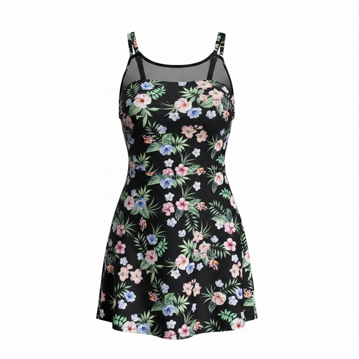 Black Sand Tropical Flowers Swim Dress
