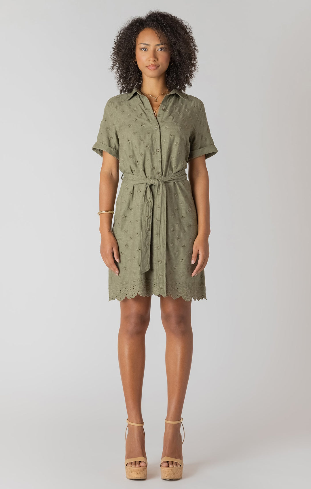 Short Sleeve Belted Eyelet Hem Mini Shirt Dress