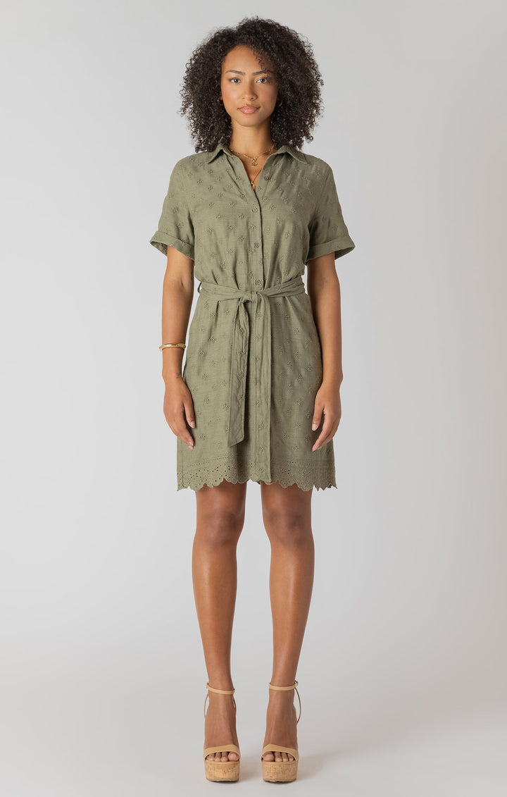 Short Sleeve Belted Eyelet Hem Mini Shirt Dress