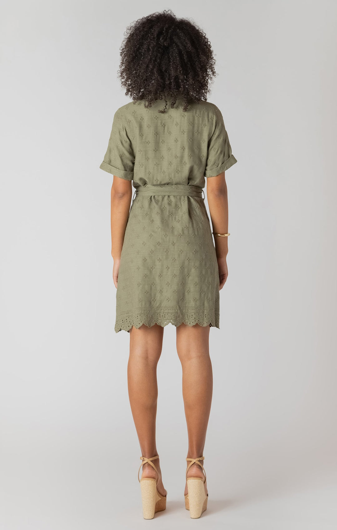 Short Sleeve Belted Eyelet Hem Mini Shirt Dress