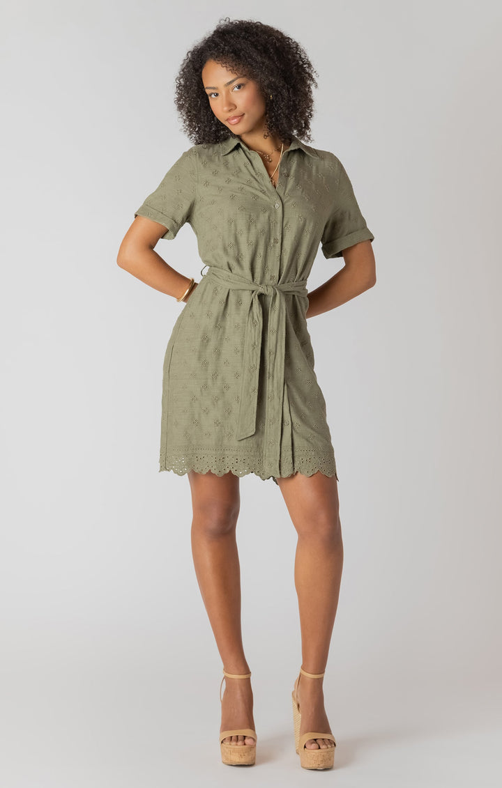 Short Sleeve Belted Eyelet Hem Mini Shirt Dress