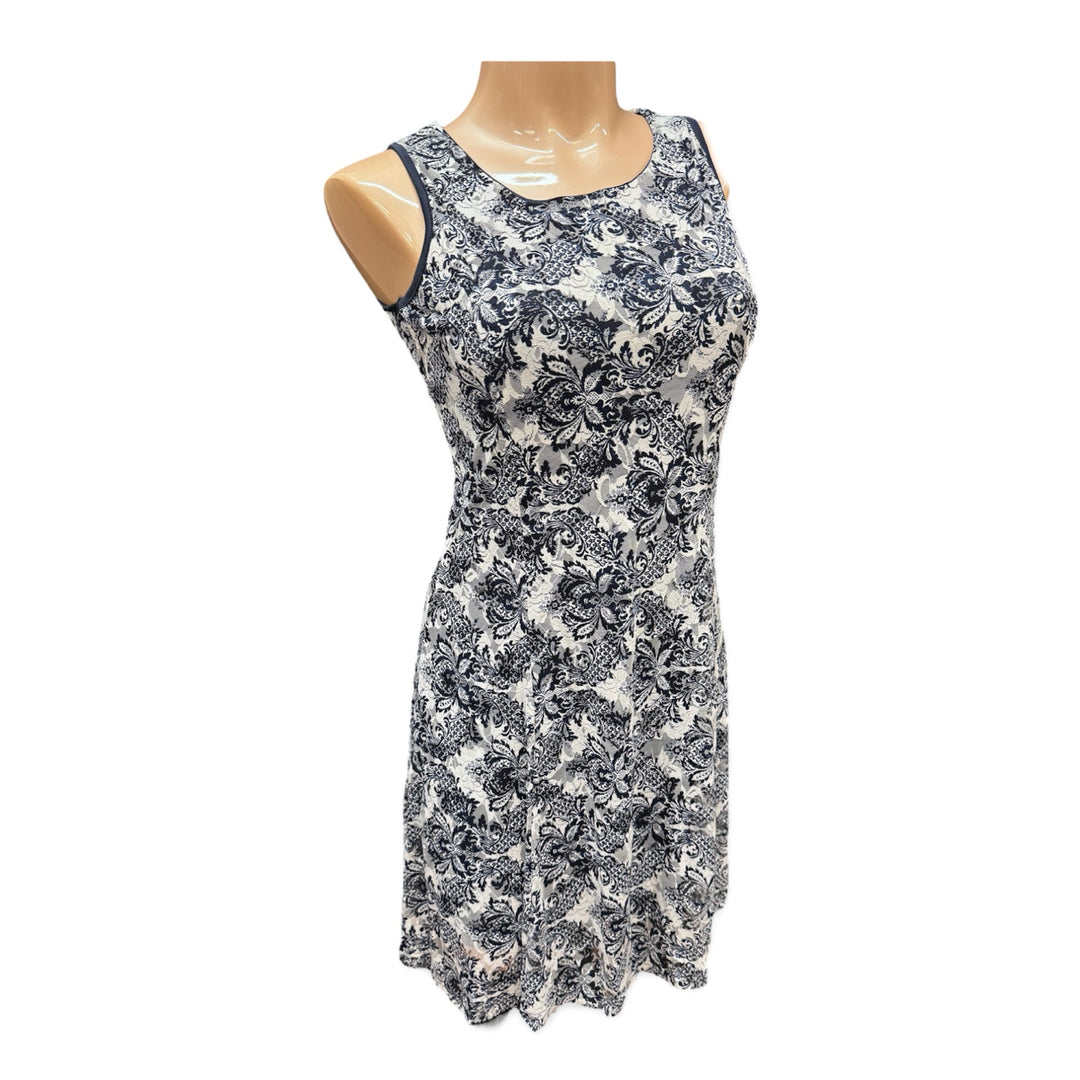 Navy Floral Midi Dress w/ Lace Overlay