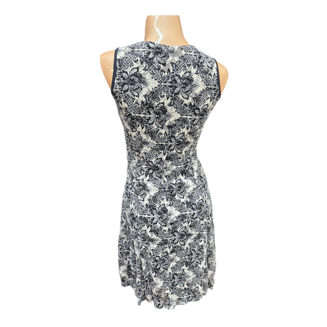 Navy Floral Midi Dress w/ Lace Overlay