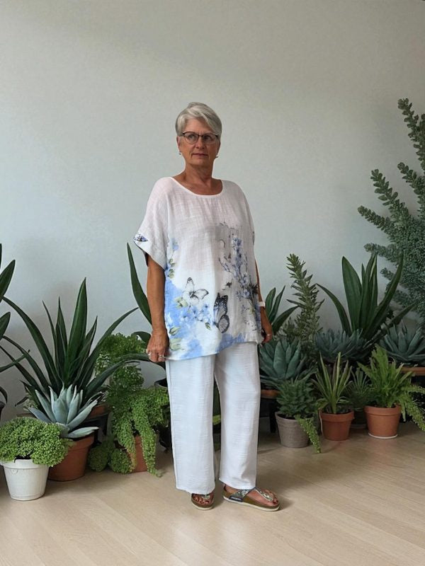 Linen Butterfly Print Short Sleeve Top