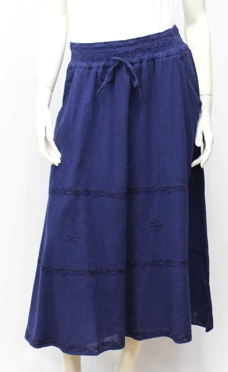 Woven Embroidery Cotton Bell Skirt - Navy