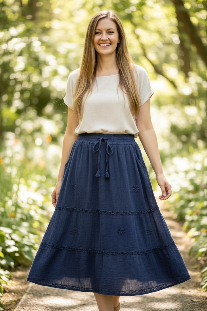 Woven Embroidery Cotton Bell Skirt - Navy