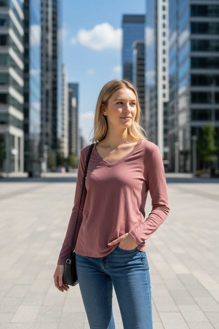 Long Sleeve Cotton V-Neck Tee