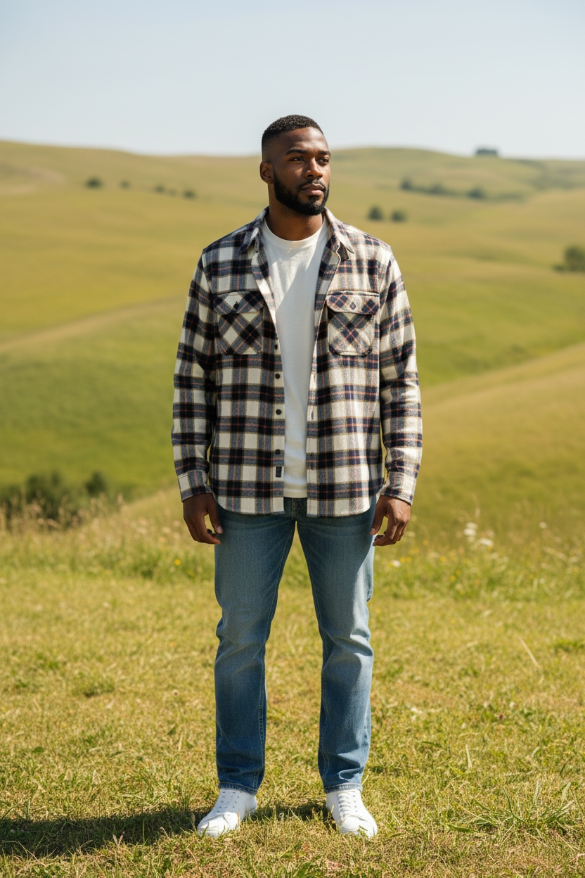 Man wearing a plaid shirt and jeans standing in a grassy field