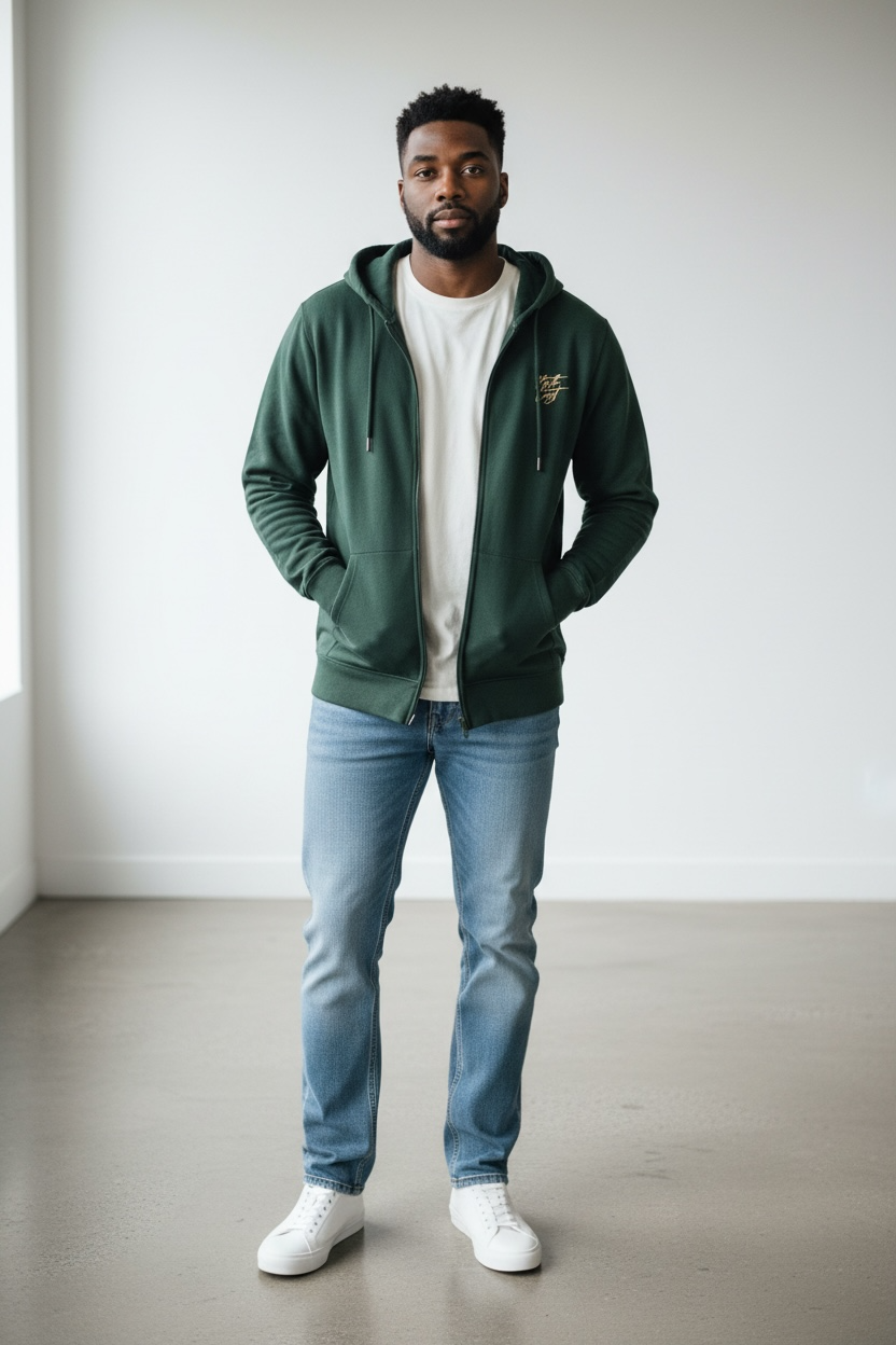 Man wearing a green hoodie, white t-shirt, blue jeans, and white sneakers in a minimalistic setting.