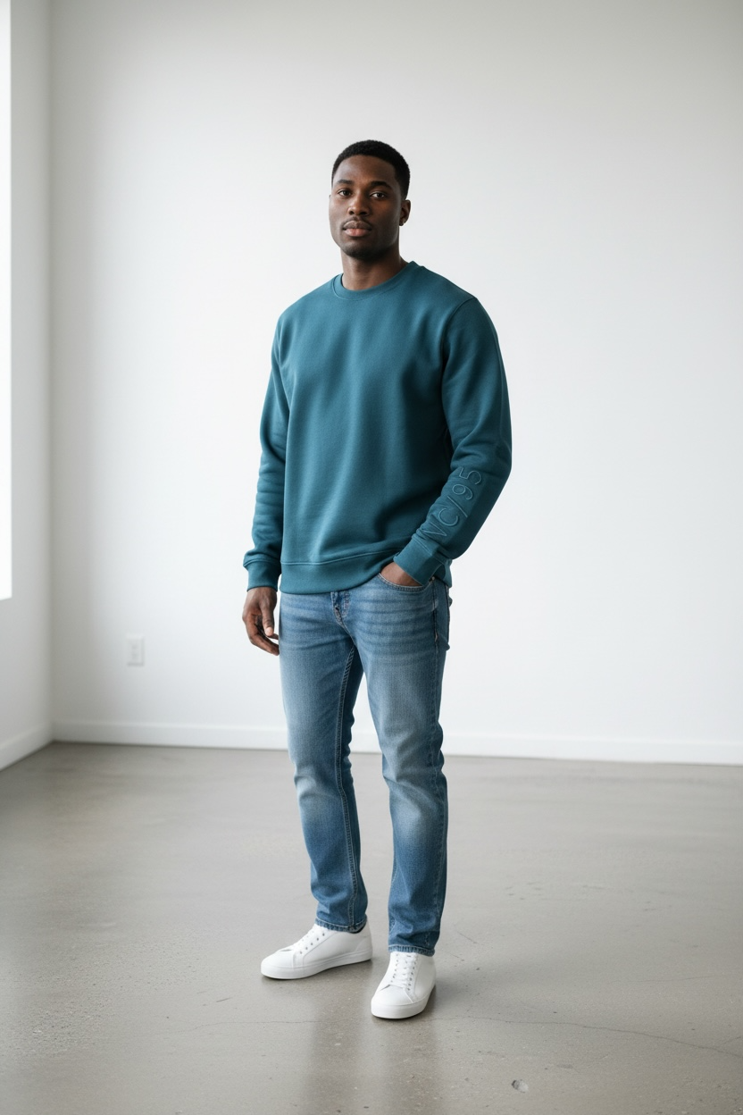 Man wearing a teal sweater and blue jeans standing in a minimalistic room.