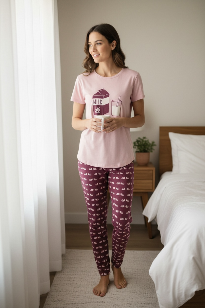 Short Sleeve Berry Cow Tee Fitted Pajama Set