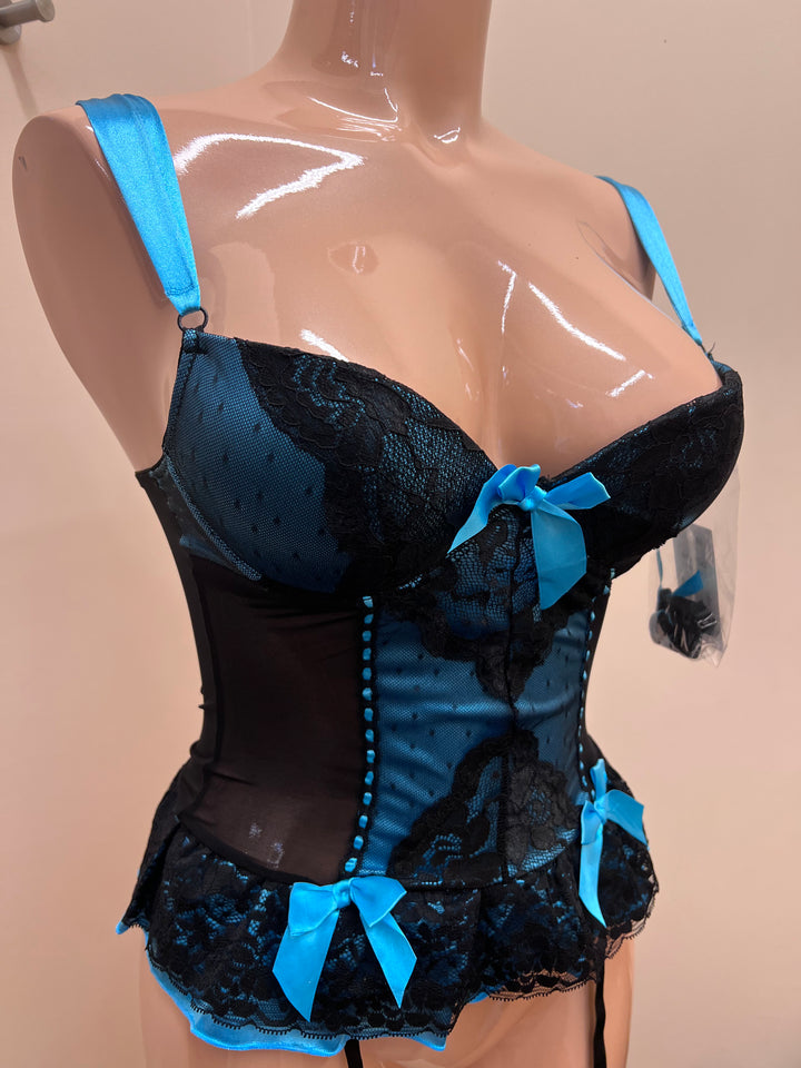 Satin & Mesh Bustier with Ribbon & Mesh Detail - Size Small