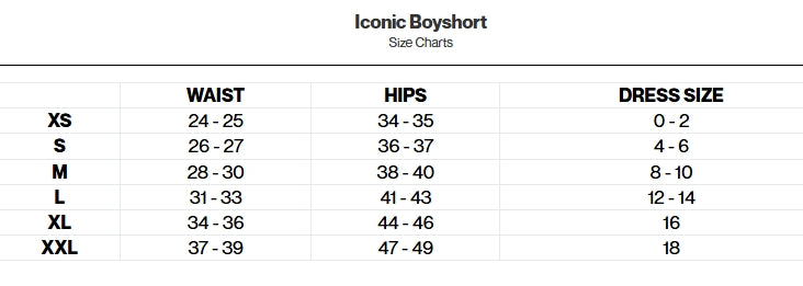 Iconic Boyshort size chart with waist, hips, and dress size measurements.