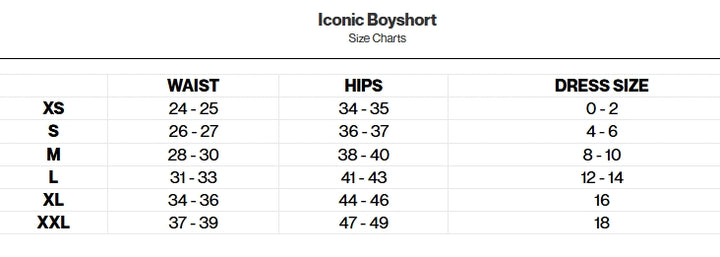 Iconic Boyshort size chart with waist, hips, and dress size measurements.