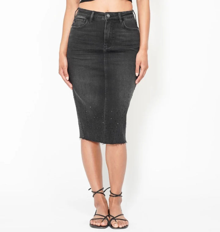 High Rise Rhinestone Embellished Mid Length Skirt - Size Medium