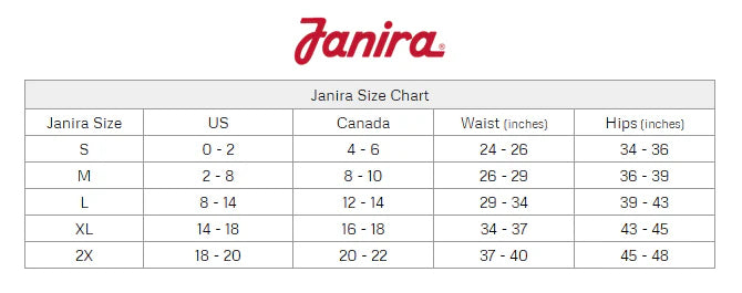 Size chart for Janira clothing, displaying size categories with corresponding measurements for waist and hips.