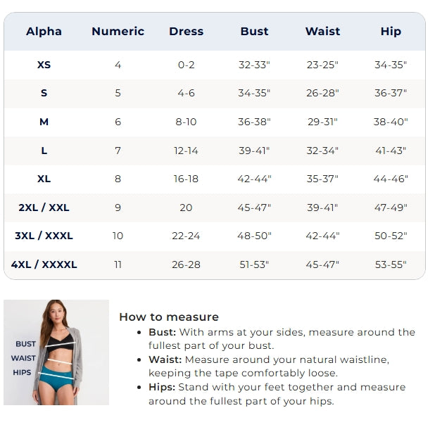 Size chart for dresses with measurements in inches and a visual guide on how to measure bust, waist, and hips.