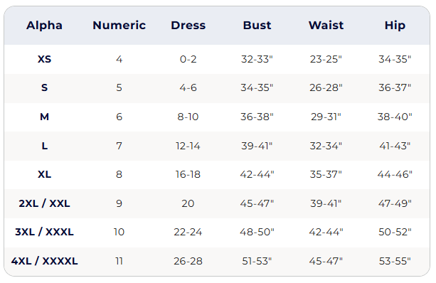 Size chart for dresses with alpha, numeric, and measurement details.